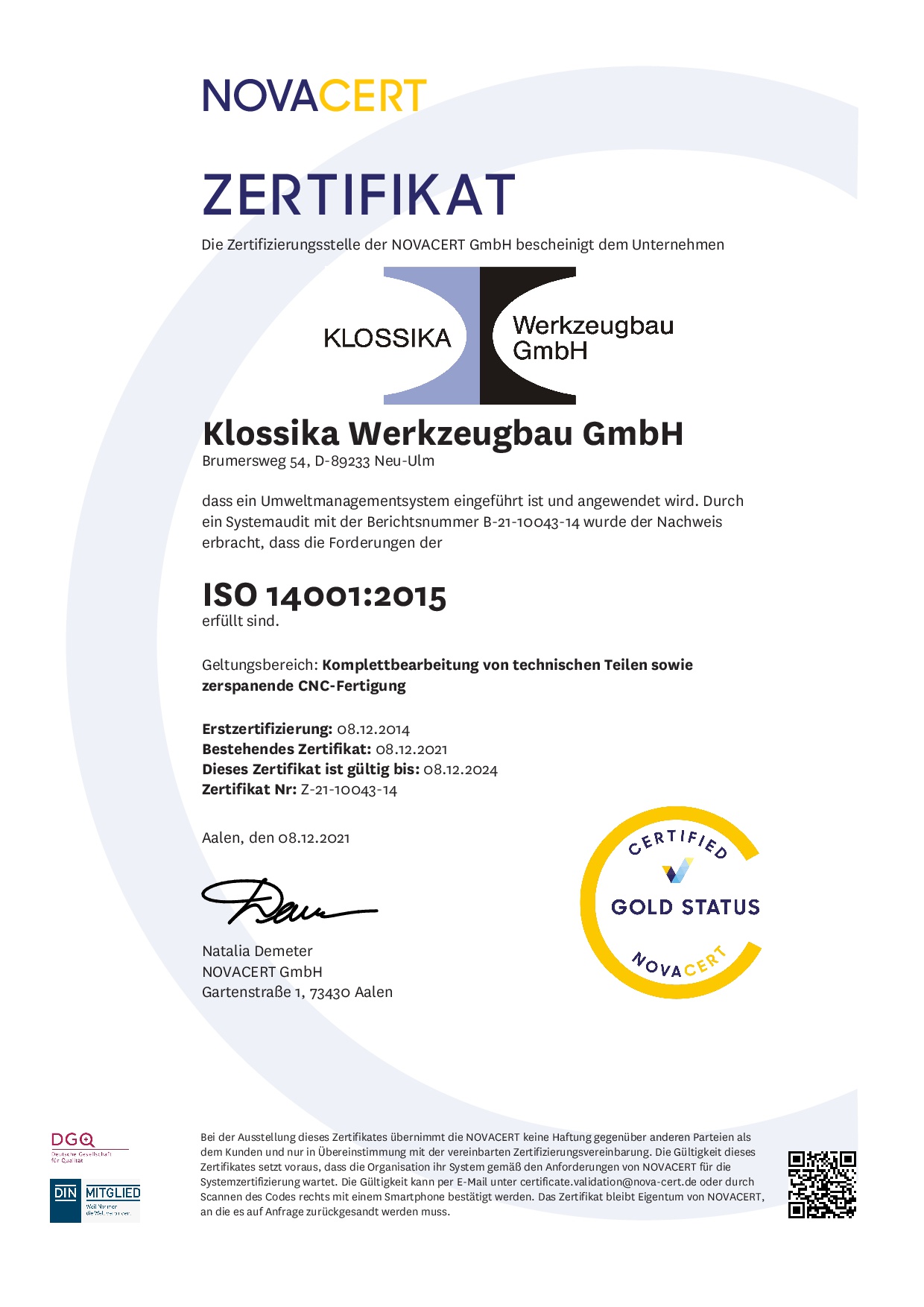 2021 12 08 Zertifikat 14001 Gold Klossika Werkzeugbau